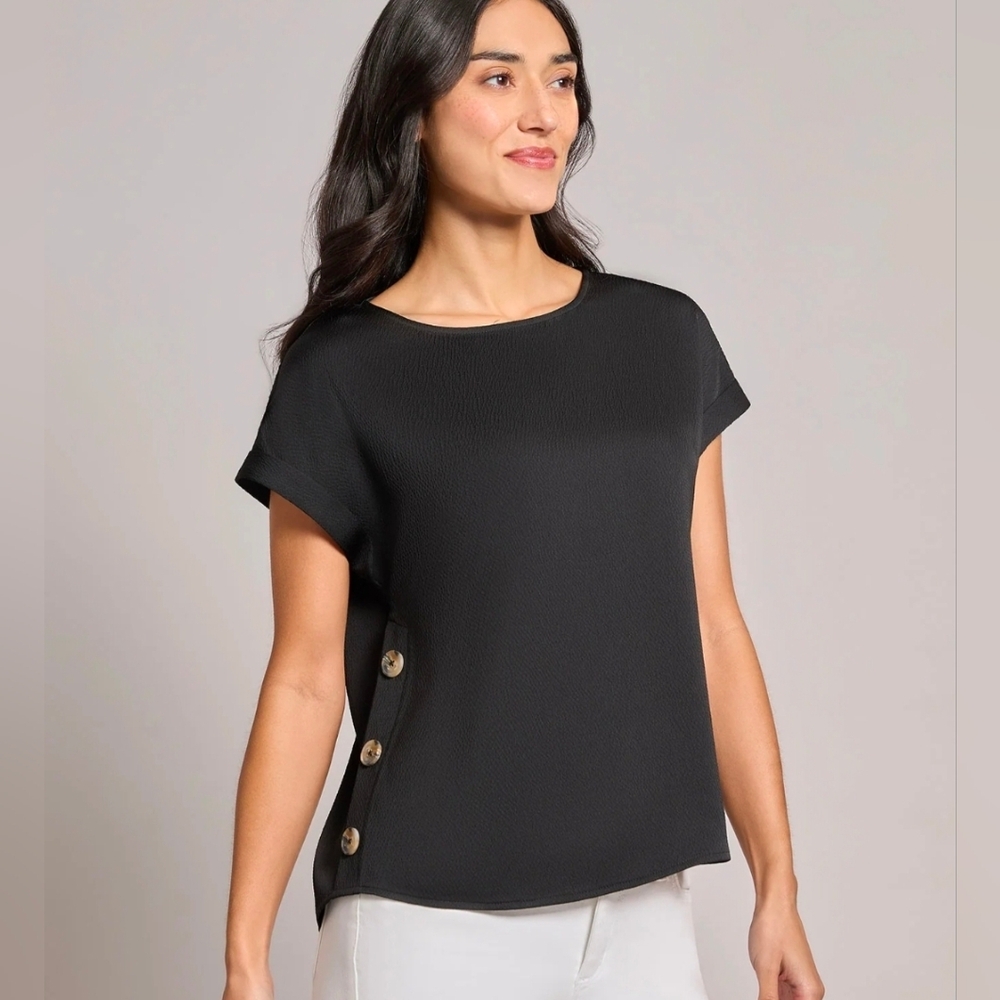 Blouse Button-Detail Hammered Satin Drop Shoulder Casual Top Size S
